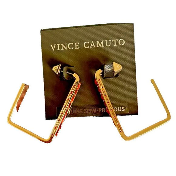 Vince Camuto Fiery Coral Semi-Precious Bead Stones Open Square Hoop Earrings - Picture 3 of 5